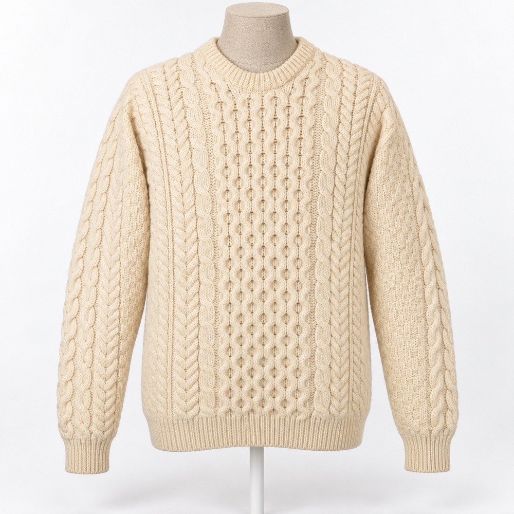 Carraig Donn Hand Knit 100% Merino Wool Fisherman Sweater Men Large Cream Celtic